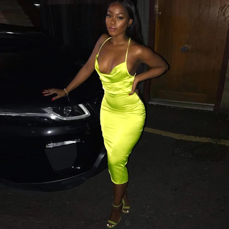 Lace Neon Up Light Pink Backless Party Club Clothes Dinner Midi Dresses