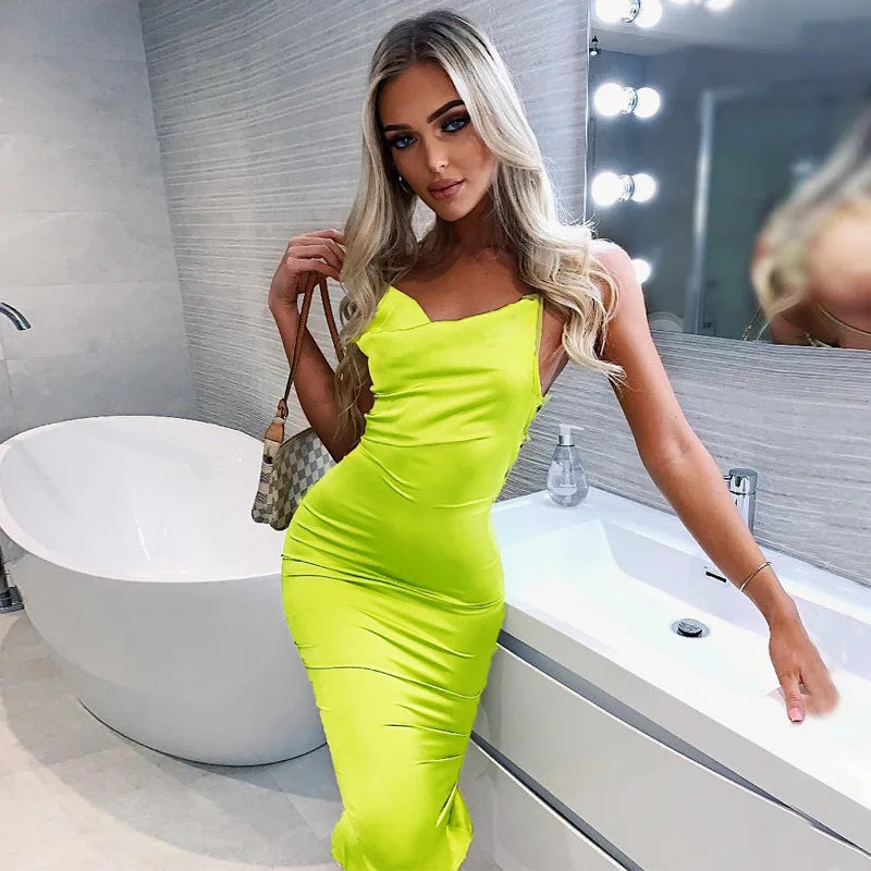Lace Neon Up Light Pink Backless Party Club Clothes Dinner Midi Dresses