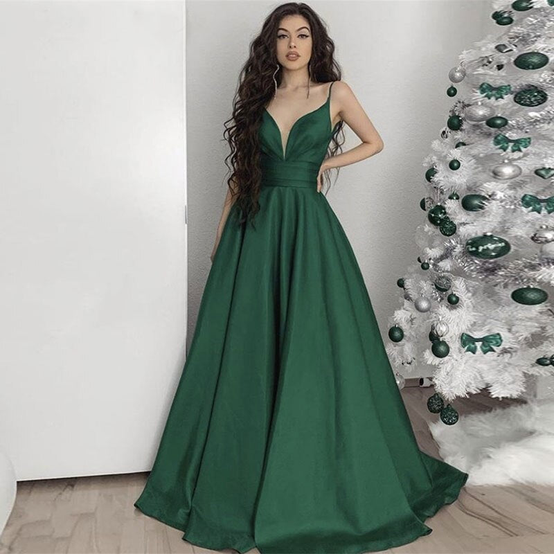 Kissnovaa - New Style Satin Deep V-neck Prom Dresses