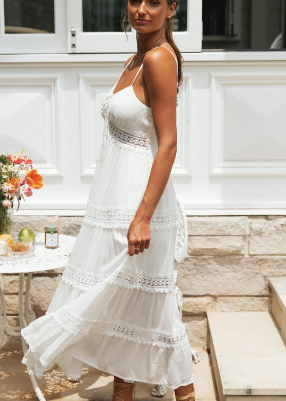 Lace Aurelia Trim Maxi Dress White Smocked Sundress with Adjustable Straps