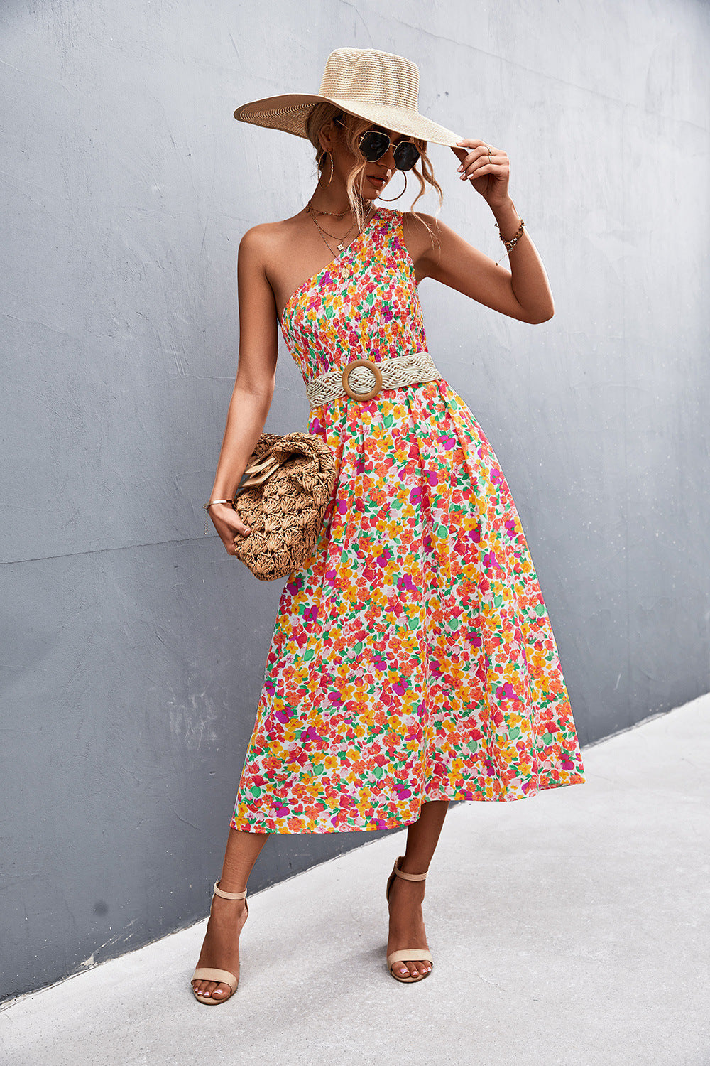 Elysse Flower Belted One Shoulder Midi Dress Salmon