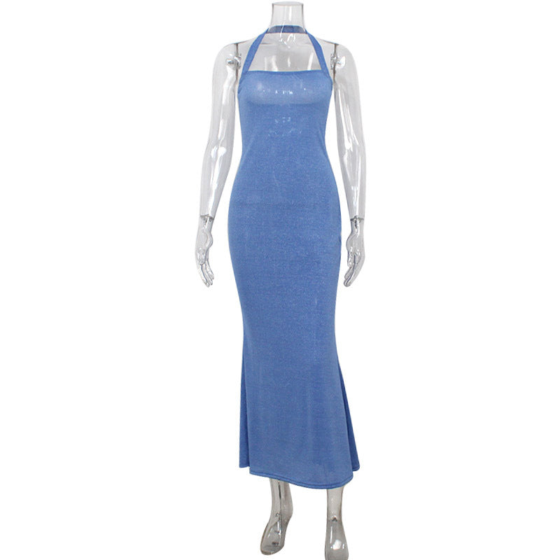 Neck Off Halter Graceful Tube Top Waist Slimming Bright Silk Fishtail Sheath Dress