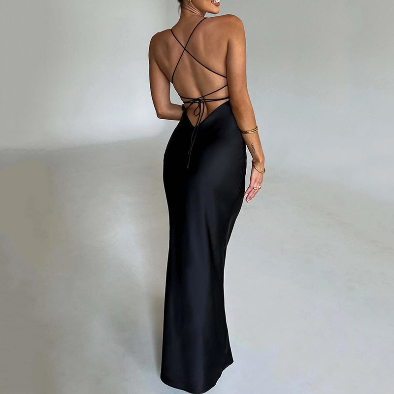 Women Clothing Chic Strap Satin Dress Autumn Backless Lace up Waist Controlled Maxi Dress