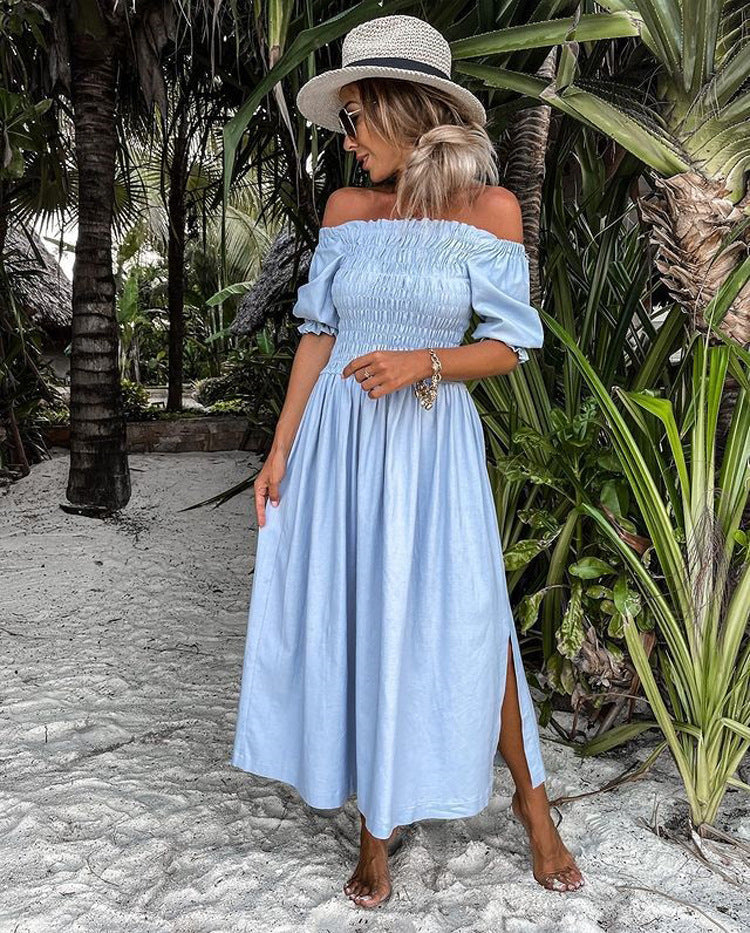 Pocketed Yen Off The Shoulder Smocked Midi Dress Seafoam
