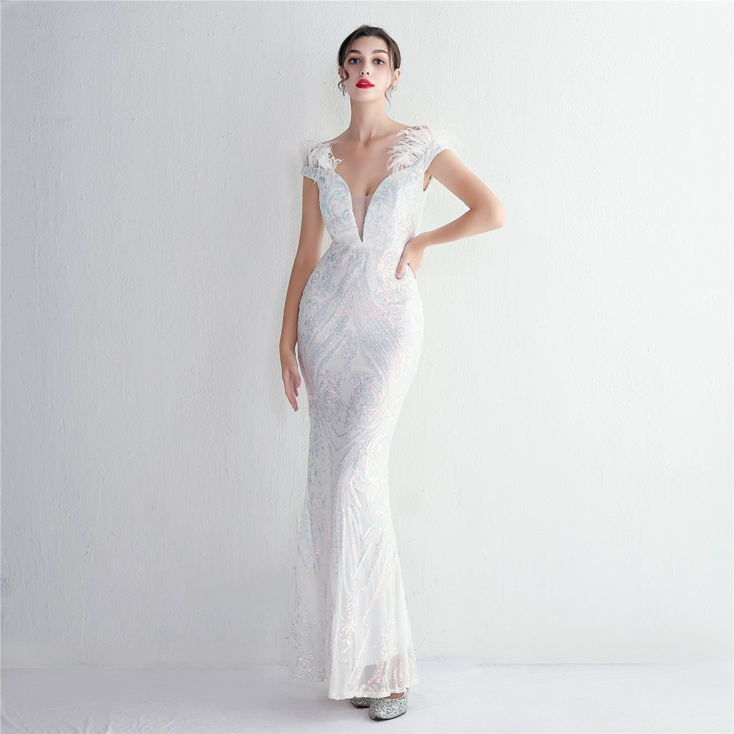High Density Three Dimensional Strong Sequin Positioning Botanical Craft Handmade Wool Cocktail Slim Fit Evening Dress