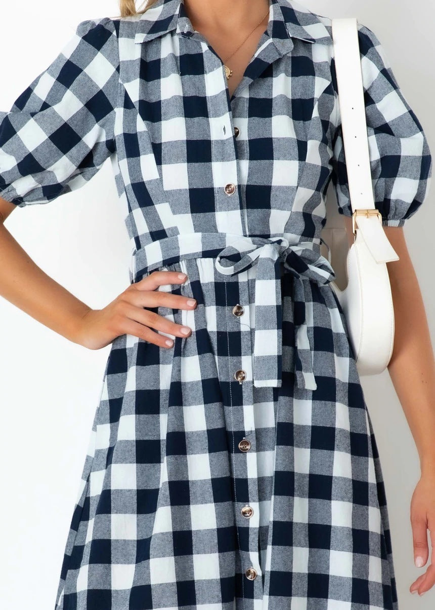 Pocketed Saturn Plaid Button Down Midi Dress