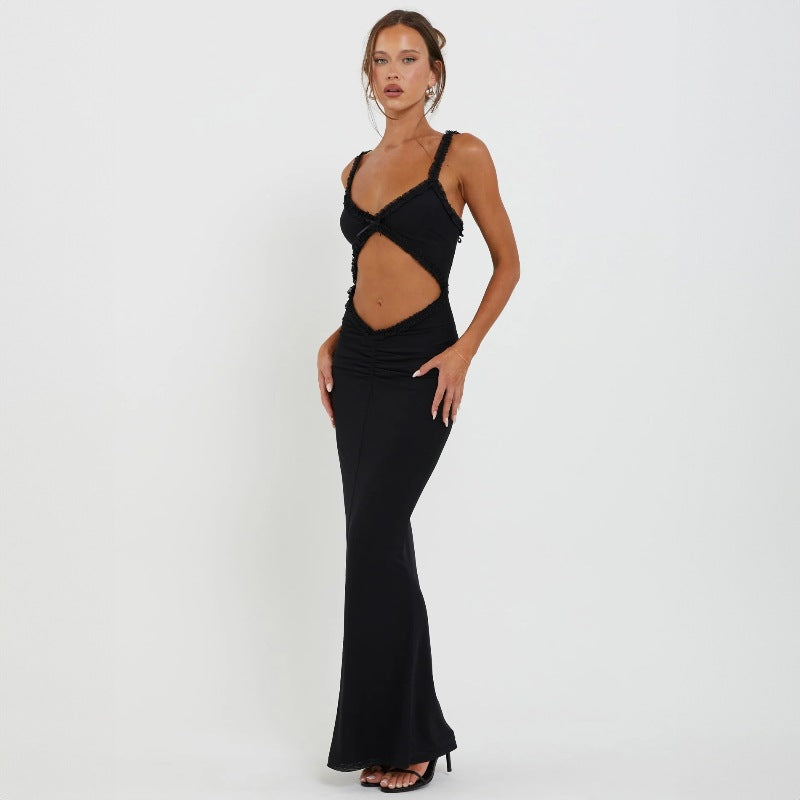 Summer Suspender Wooden Ear Collarless Cropped Attractive Slim Fit Jumpsuit Maxi Dress Women