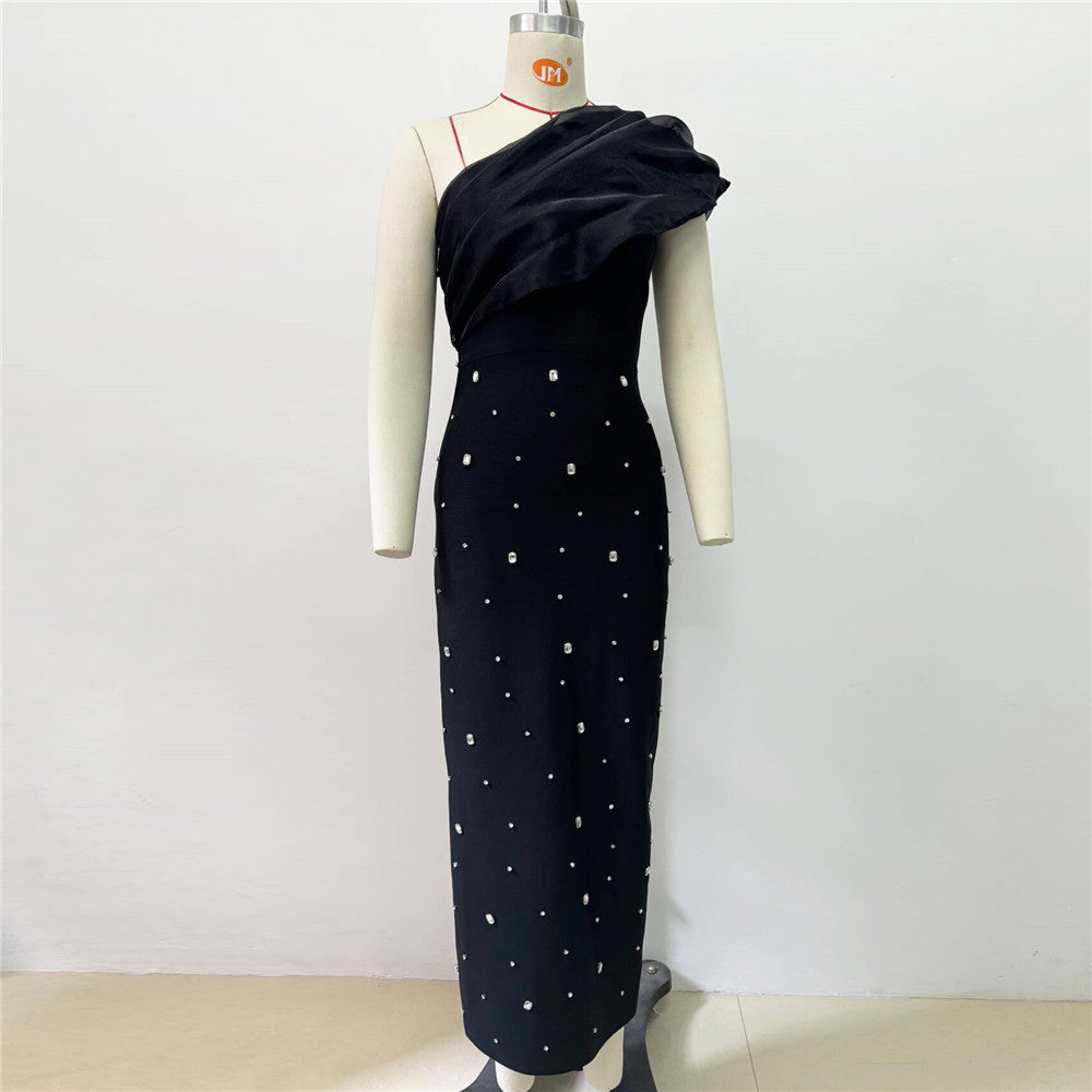 Shoulder Oblique Rhinestone Voile Bandage Dress Debutante Gala Dinner Dress