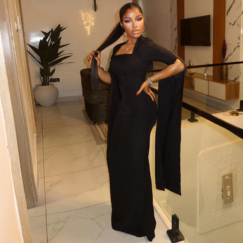 Solid Color Design Women Home Waist Hip off Neck Long Long-Sleeved Personalized Maxi Dress