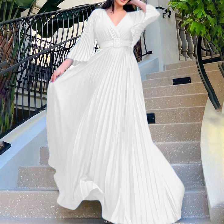 Women Clothing V neck Attractive Pleated Formal Swing Dress Maxi Dress