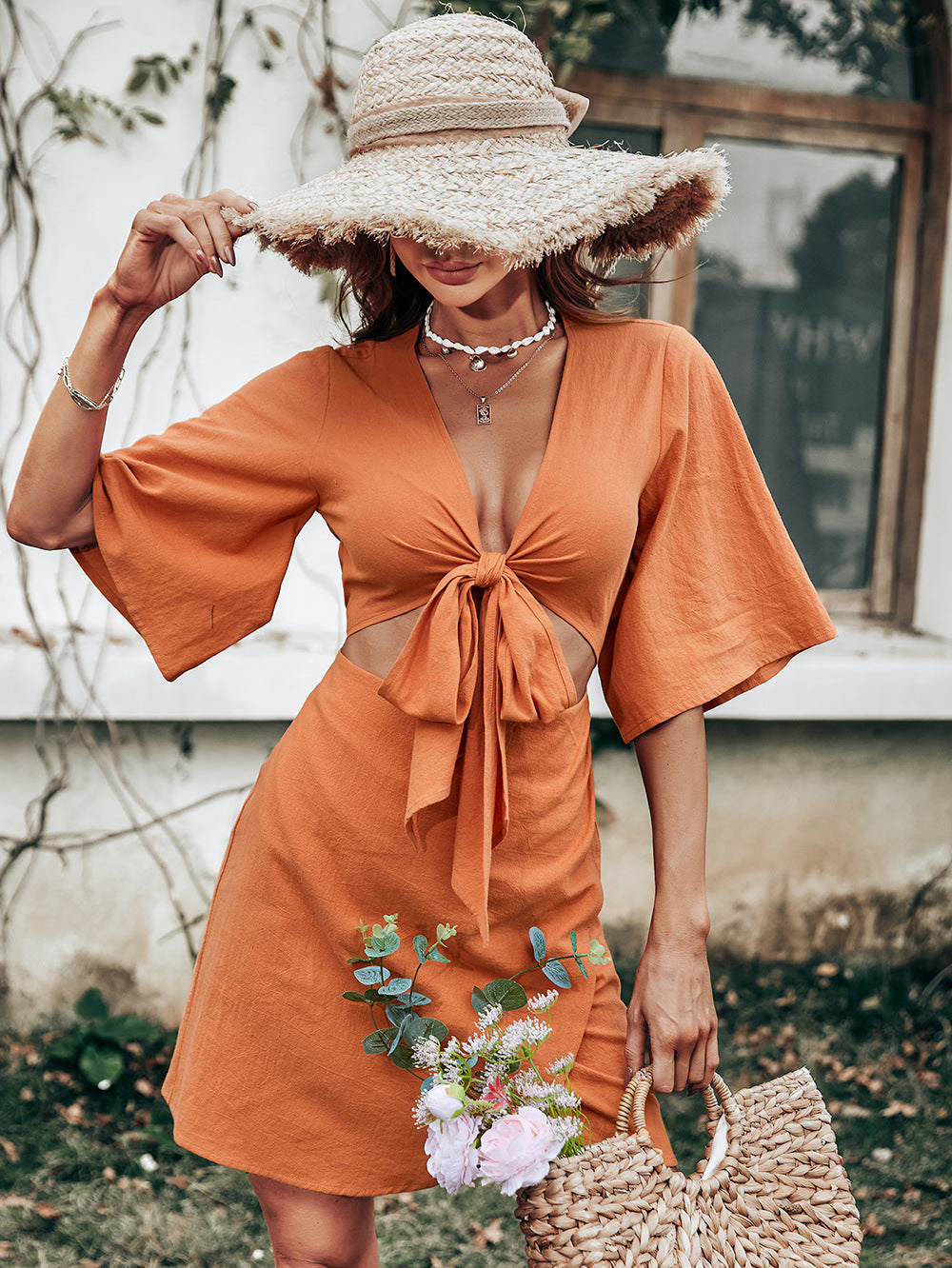 Linen Jenner Blend Tie Front Cutout Midi Dress Orange