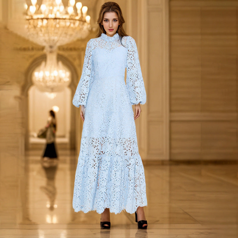 Spring Maxi Dress Stand Collar Machine Embroidery Lantern Sleeved Waist Tight High Sense Dress Women