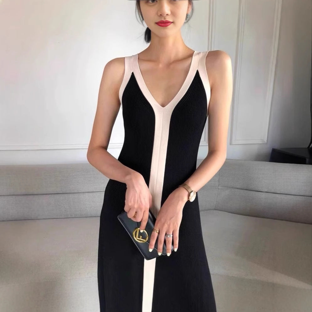 Matching Color Front Back V neck Long Spaghetti Straps Knitted Hepburn Dress Black