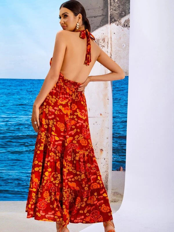 Plum Flower Backless Halter Mini Dress