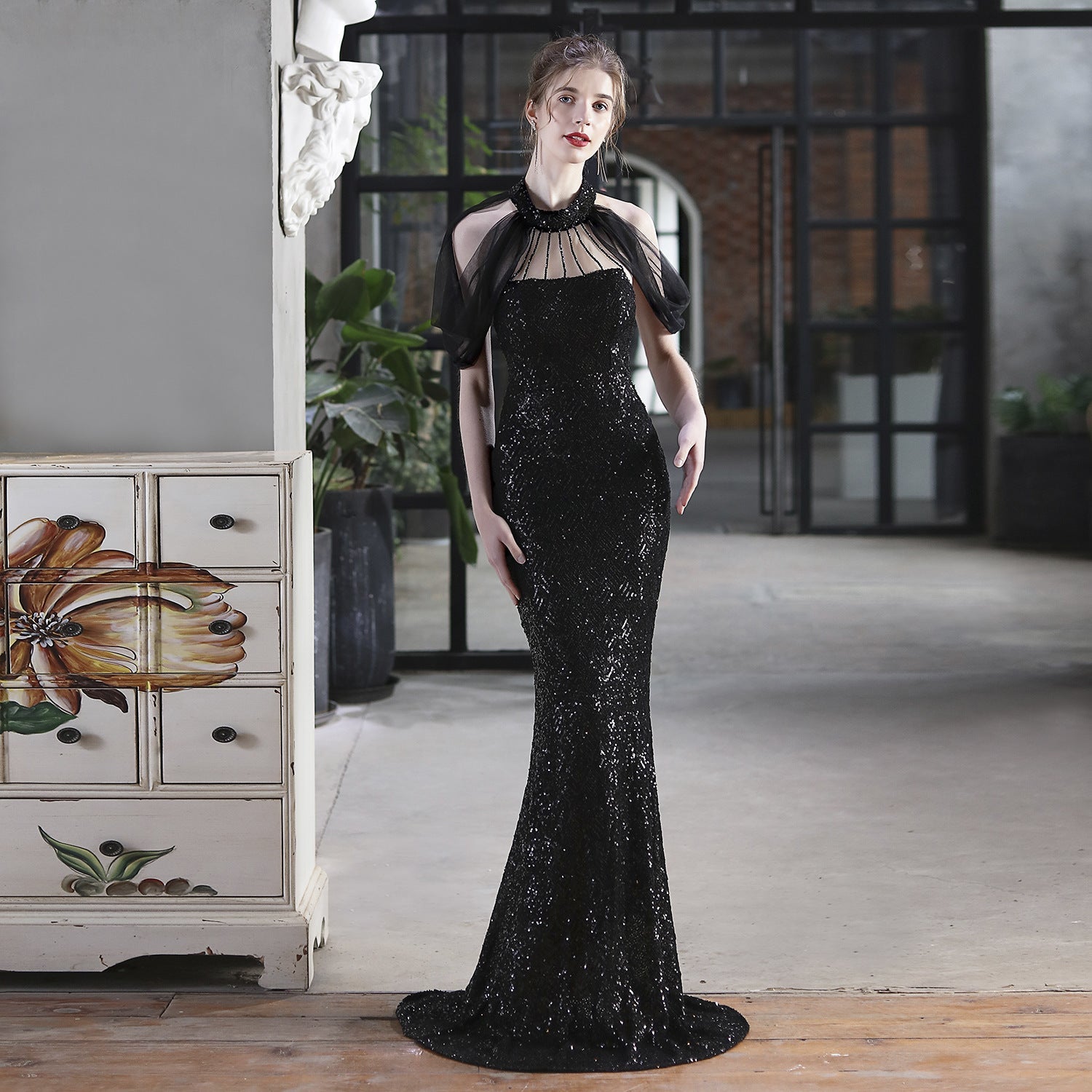 Sequin Mesh Toast Dress Bride Extended Appreciation Dinner Halter Fishtail Wedding Car Model Exhibition Dress