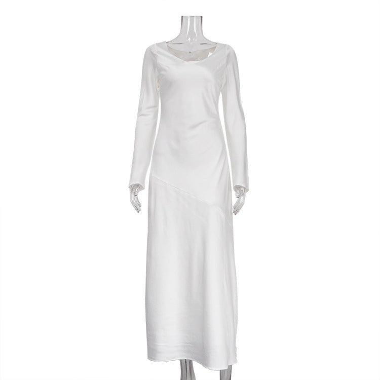 Autumn Winter Maxi Dress Women Solid Color Satin Round Neck Long Long-Sleeved Loose Casual Dress