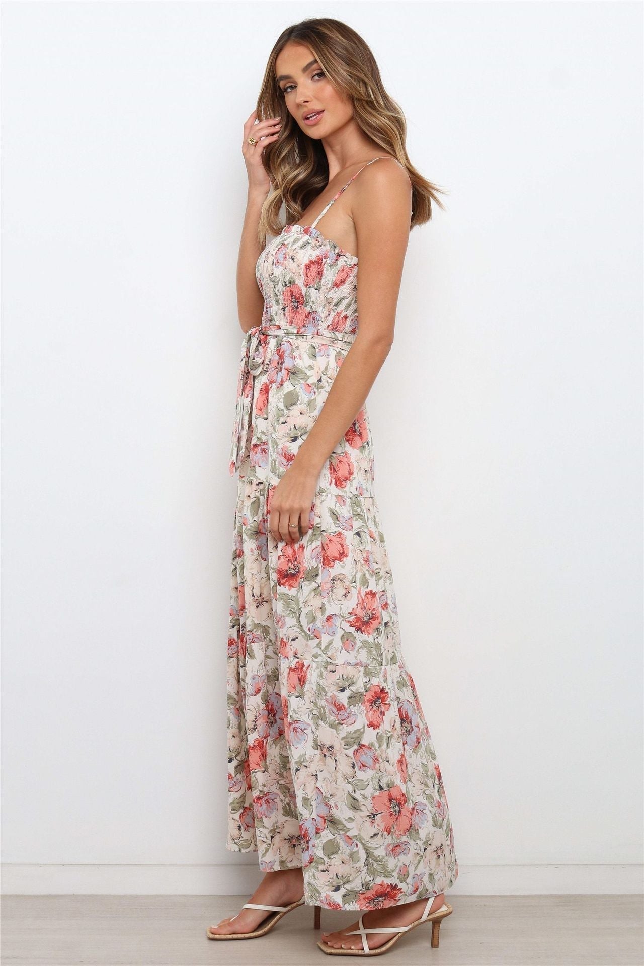 Lilyanne Floral Smocked Tie Strap Maxi Dress Blush Multi
