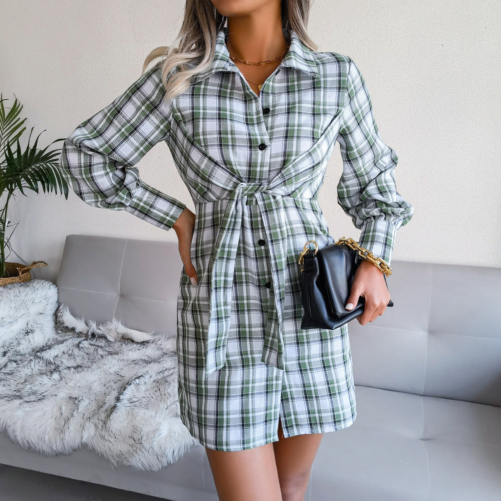 Cotton Klay Plaid Button Down Shirt Dress Green