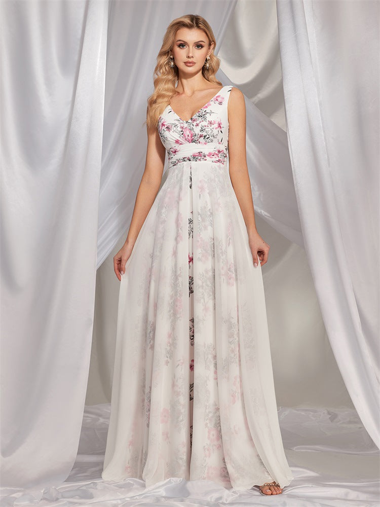 White Chiffon V Collar Printed Dress Slim Fit Maxi Dress Cocktail Evening Dress Bridesmaid Dress for