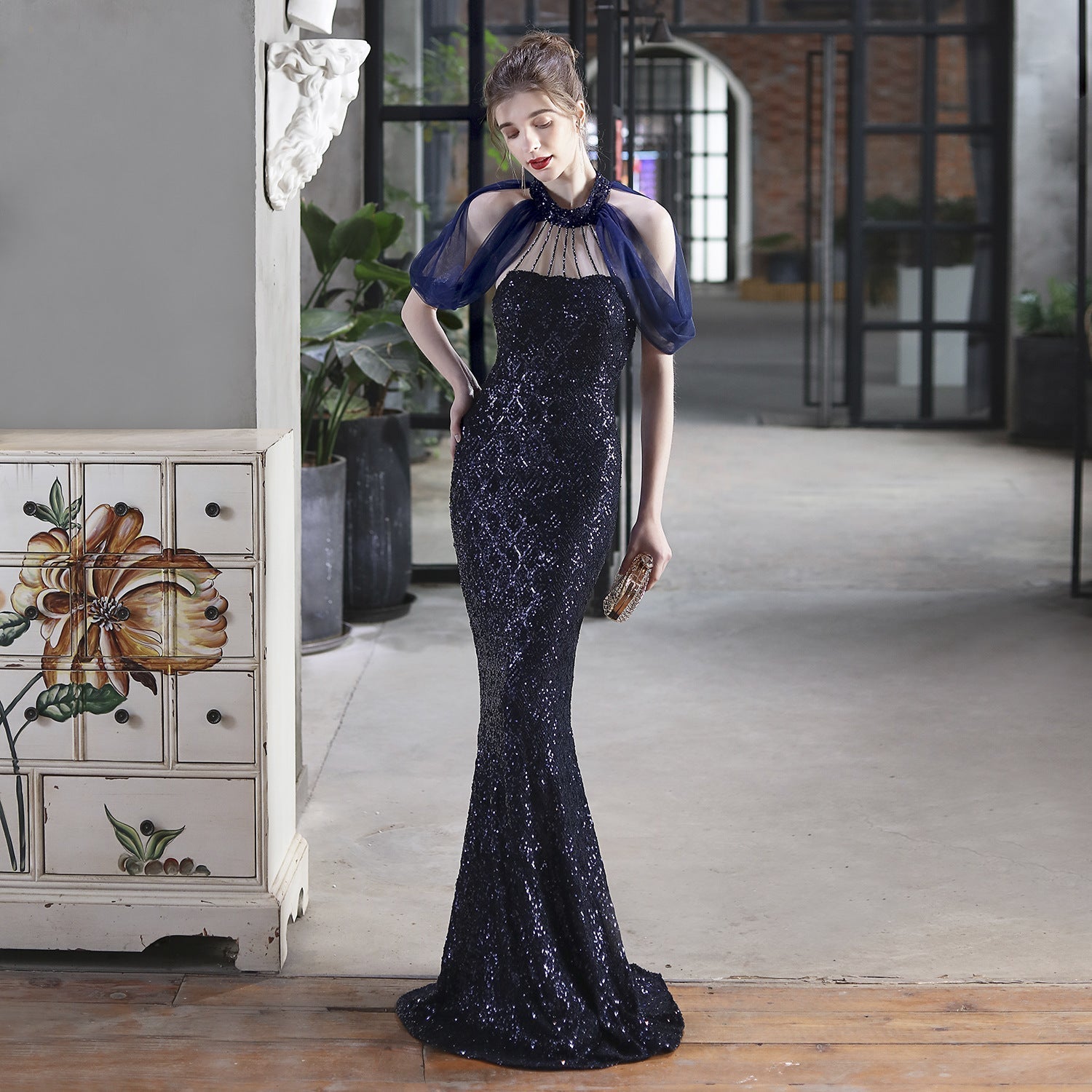 Sequin Mesh Toast Dress Bride Extended Appreciation Dinner Halter Fishtail Wedding Car Model Exhibition Dress