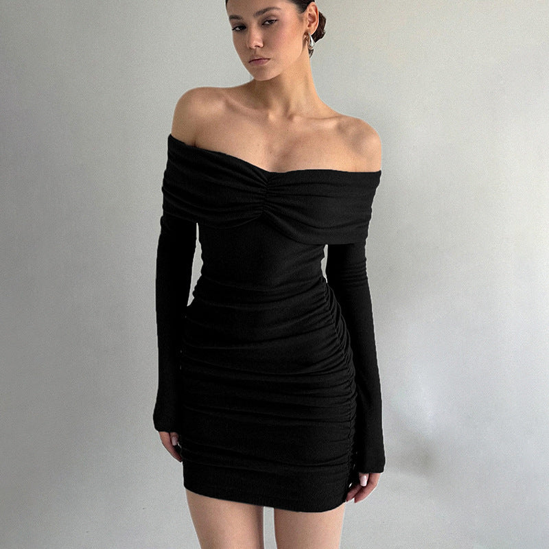off Pleated the Shoulder Long Sleeve Slim Sheath Short Dress