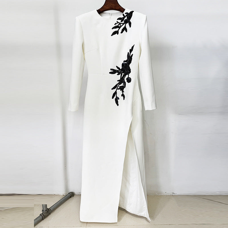 Dress Embroidered Beads Beaded Flower Long Sleeve Split Maxi Dress