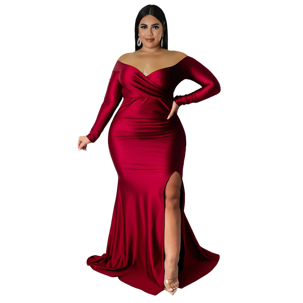 Plus Size Women Clothes Attractive Dress Nightclub V neck Formal Dress Solid Color Split Maxi Dress Autumn Winter Women