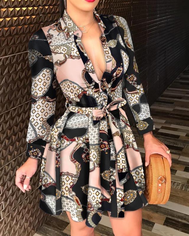 Printed Rocky Rope Tie Ruffle Dress