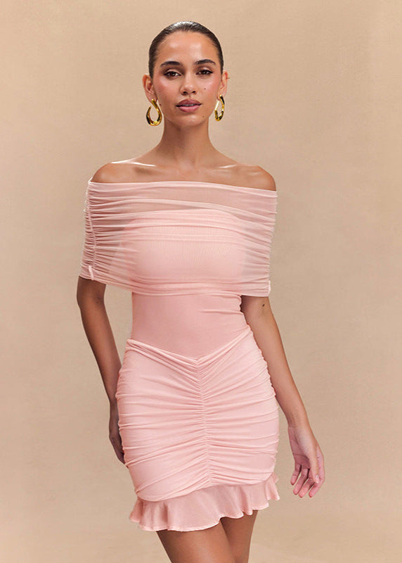 Mesh Off-Shoulder Ruched Mini Dress