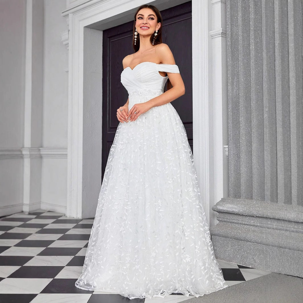 Off Shoulder Evening Dress Refined Graceful Simple Dress Outdoor Travel Photography Light Wedding Dress