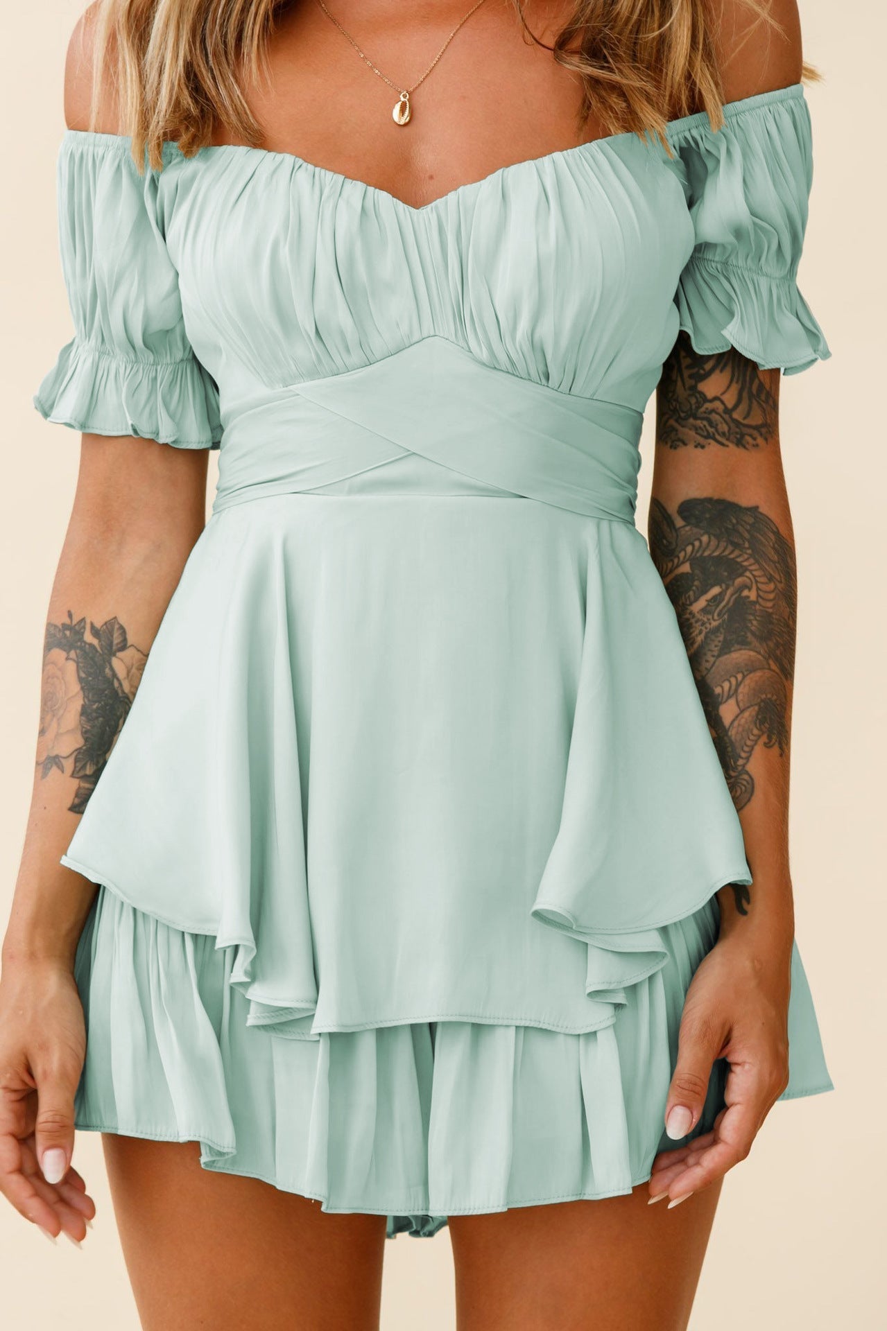 Smocked Mahoney Ruffle Mini Dress Pistachio