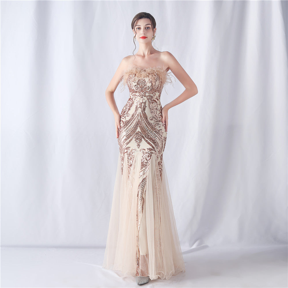 Ostrich Feather Positioning Flower Cutting Wedding Annual Meeting Tube Top Sequin Gauze Evening Dress