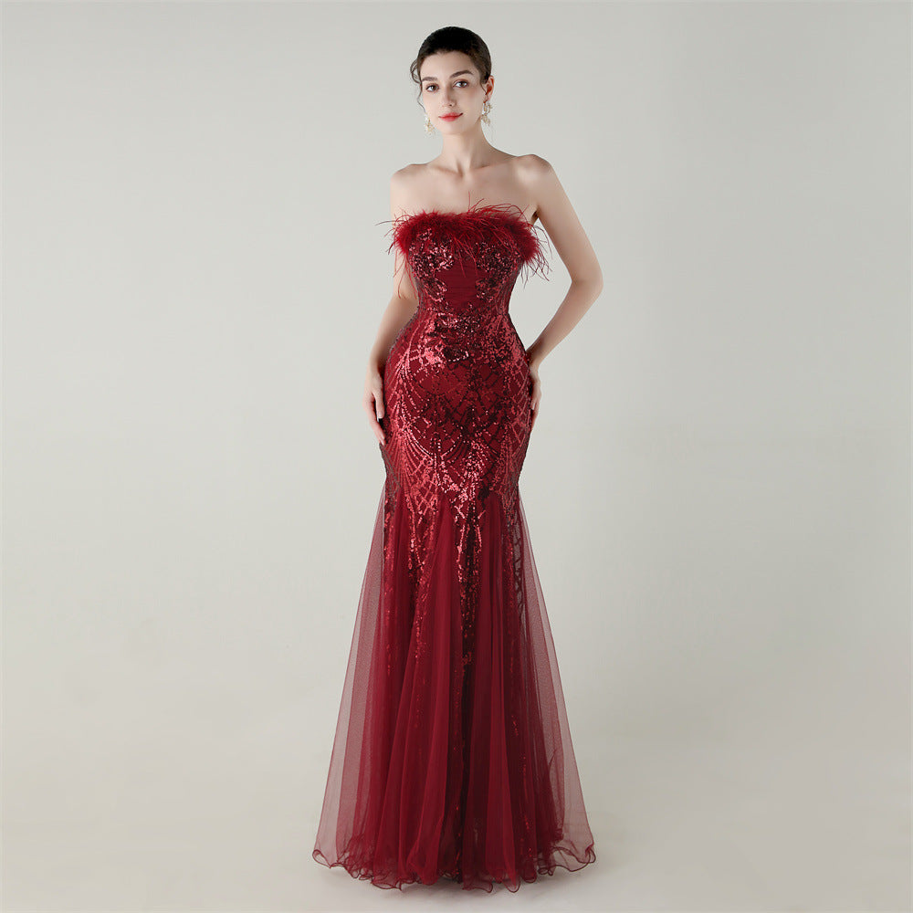 Sequin Beaded Tube Flower Ostrich Feather Tube Top Cross Strap Mesh Fishtail Evening Dress Cocktail Wedding