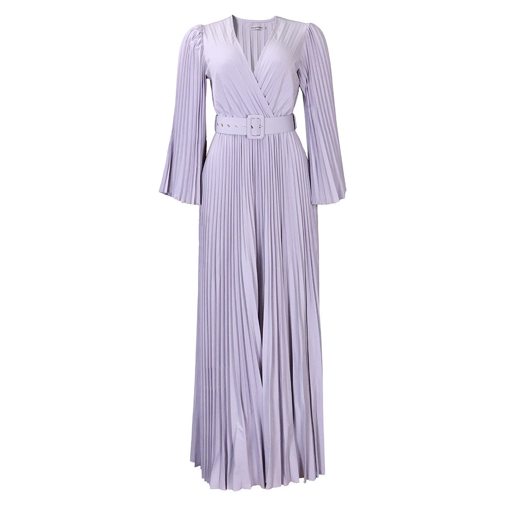 Women Clothing V neck Attractive Pleated Formal Swing Dress Maxi Dress