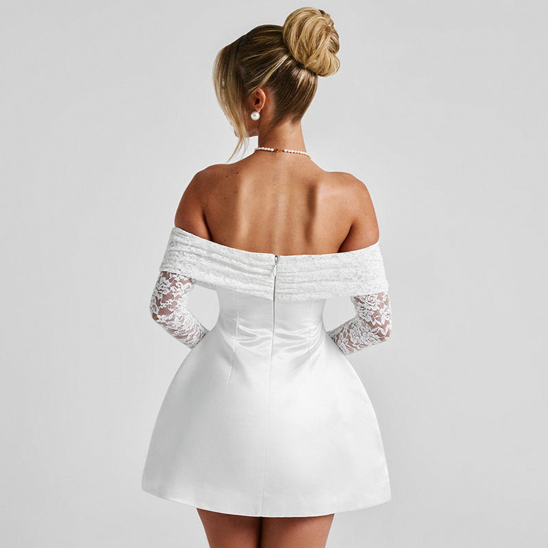 off lothing Neck Lace Stitching Long Sleeve Waist A line Dress