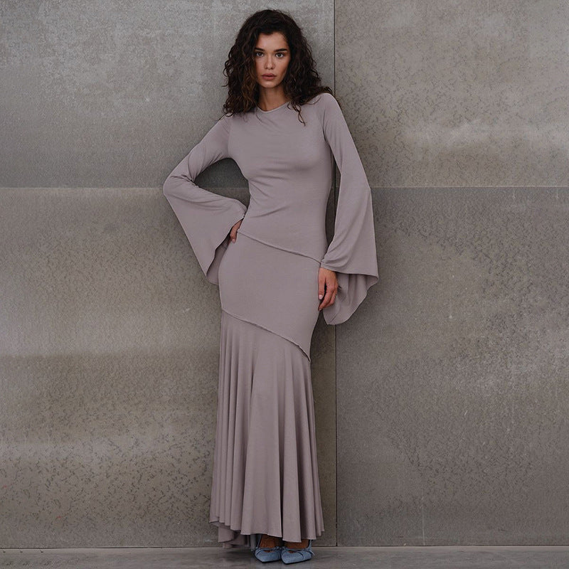 Solid Color Bell Sleeve Waist Tight Graceful Fishtail Dress