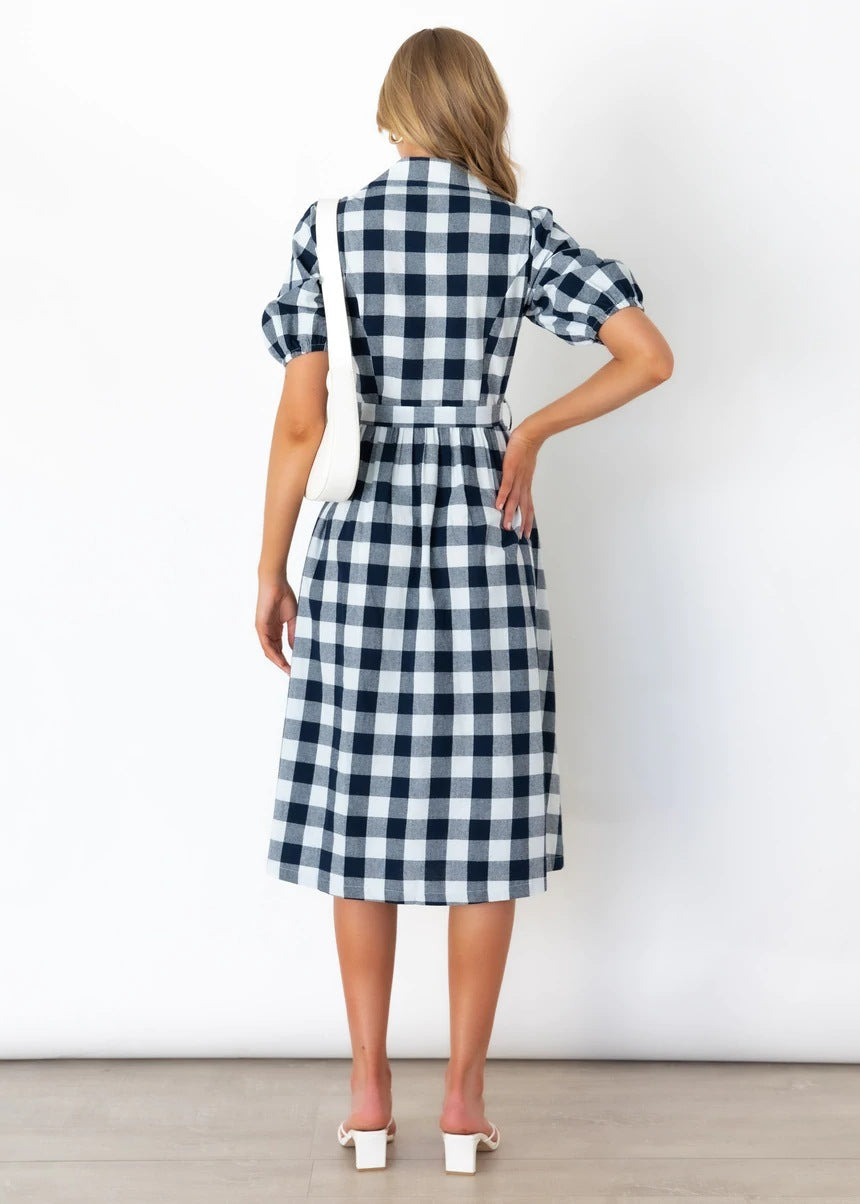 Pocketed Saturn Plaid Button Down Midi Dress