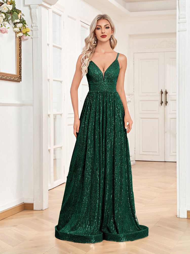 Sequined Backless Evening Dress Deep V Plunge neck Bridesmaid Dress Party Sophisticated Dress Cocktail