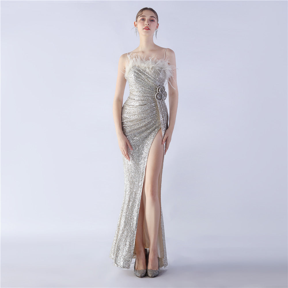 Ostrich Hair Craft Flower Wedding Annual Meeting High End Evening Dress
