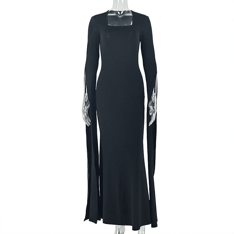 Solid Color Design Women Home Waist Hip off Neck Long Long-Sleeved Personalized Maxi Dress