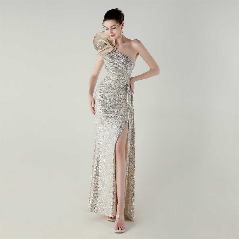 Craft Flower Beaded One Shoulder Diagonal Collar Fishtail Evening Dress Dinner Wedding Awards Ceremony Social Dress