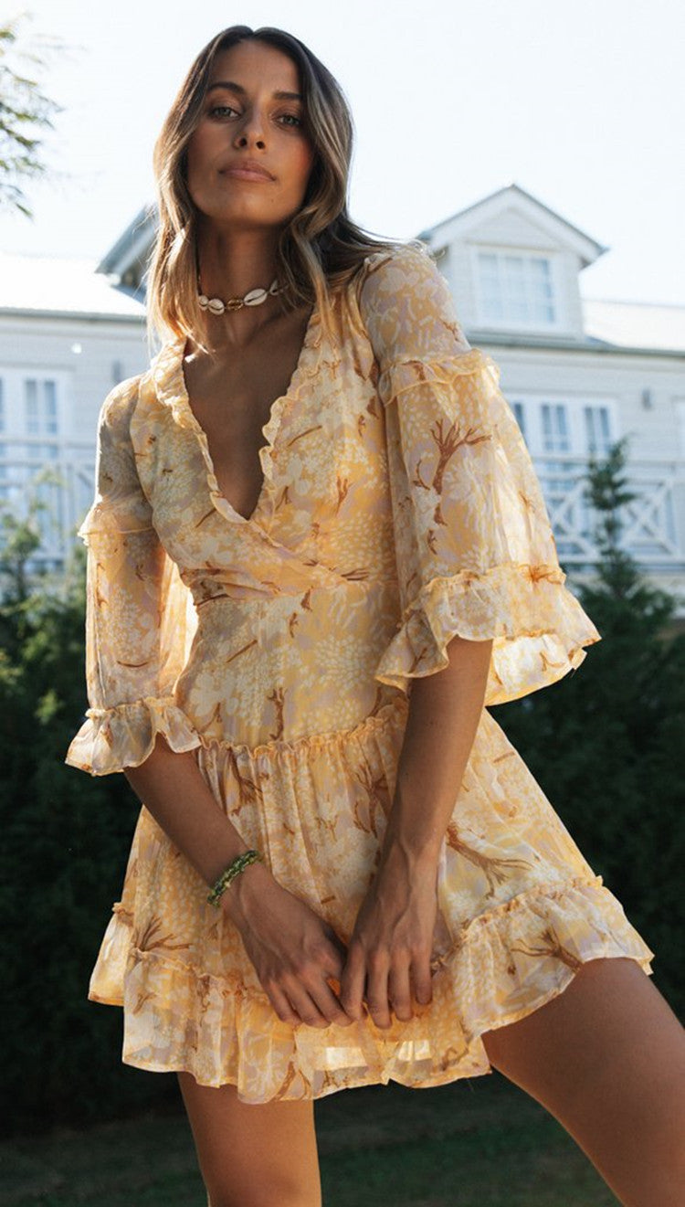 Printed Papaya Smocked Ruffle Dress