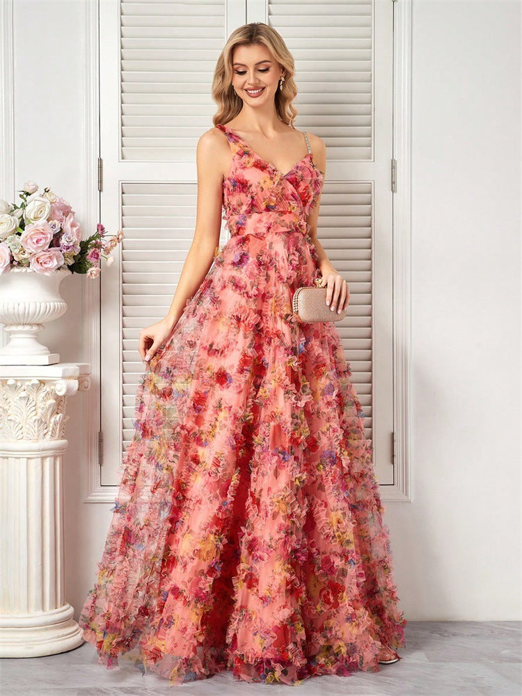 V neck Strap Floral Graceful Prom Evening Dress Party Dress