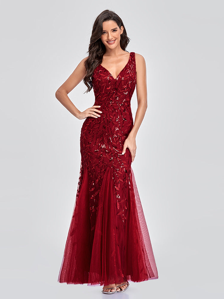 Evening Dress V neck Tulle Embroidered Sequ Sexy Mermaid Prom Dress Women Stylish Dress