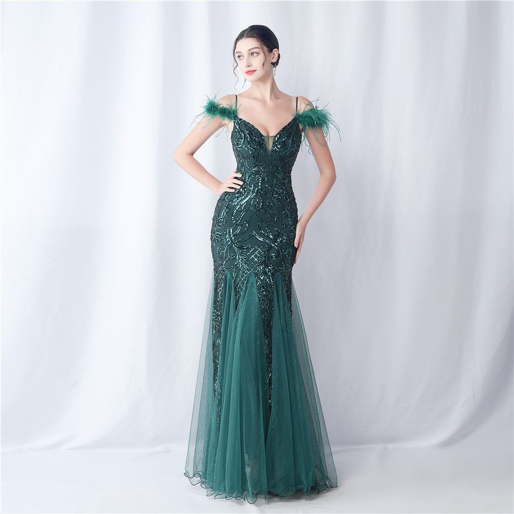 Ostrich Feather Craft Mesh Positioning Flower Sequin Annual Meeting Wedding Evening Dress
