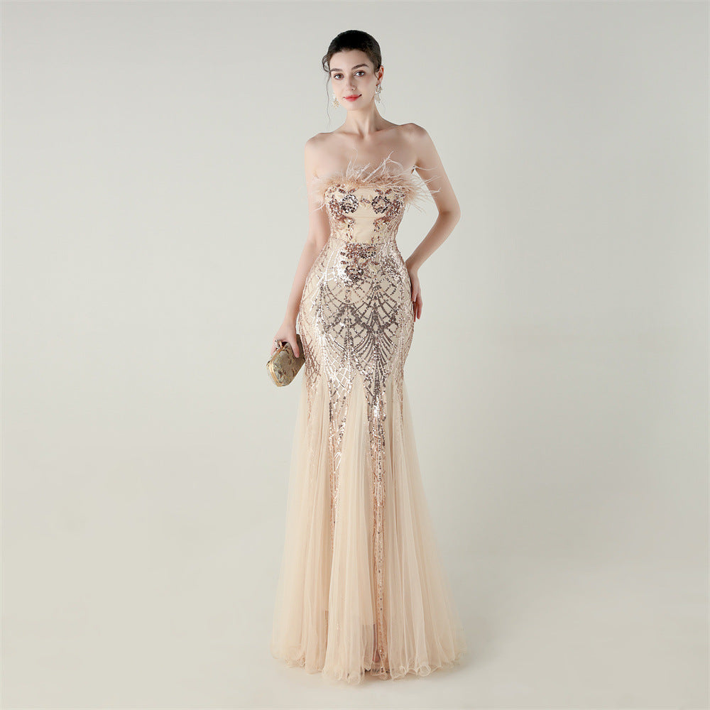 Sequin Beaded Tube Flower Ostrich Feather Tube Top Cross Strap Mesh Fishtail Evening Dress Cocktail Wedding