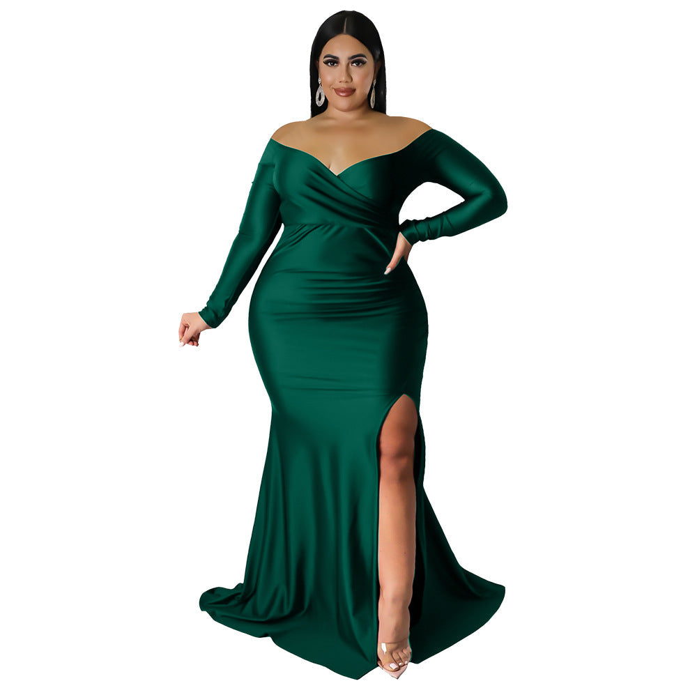 Plus Size Women Clothes Attractive Dress Nightclub V neck Formal Dress Solid Color Split Maxi Dress Autumn Winter Women