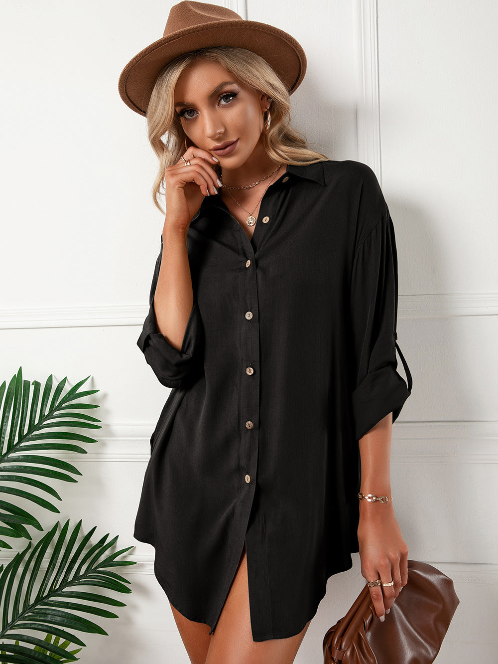 Button Jeanette Down Tunic Top Black