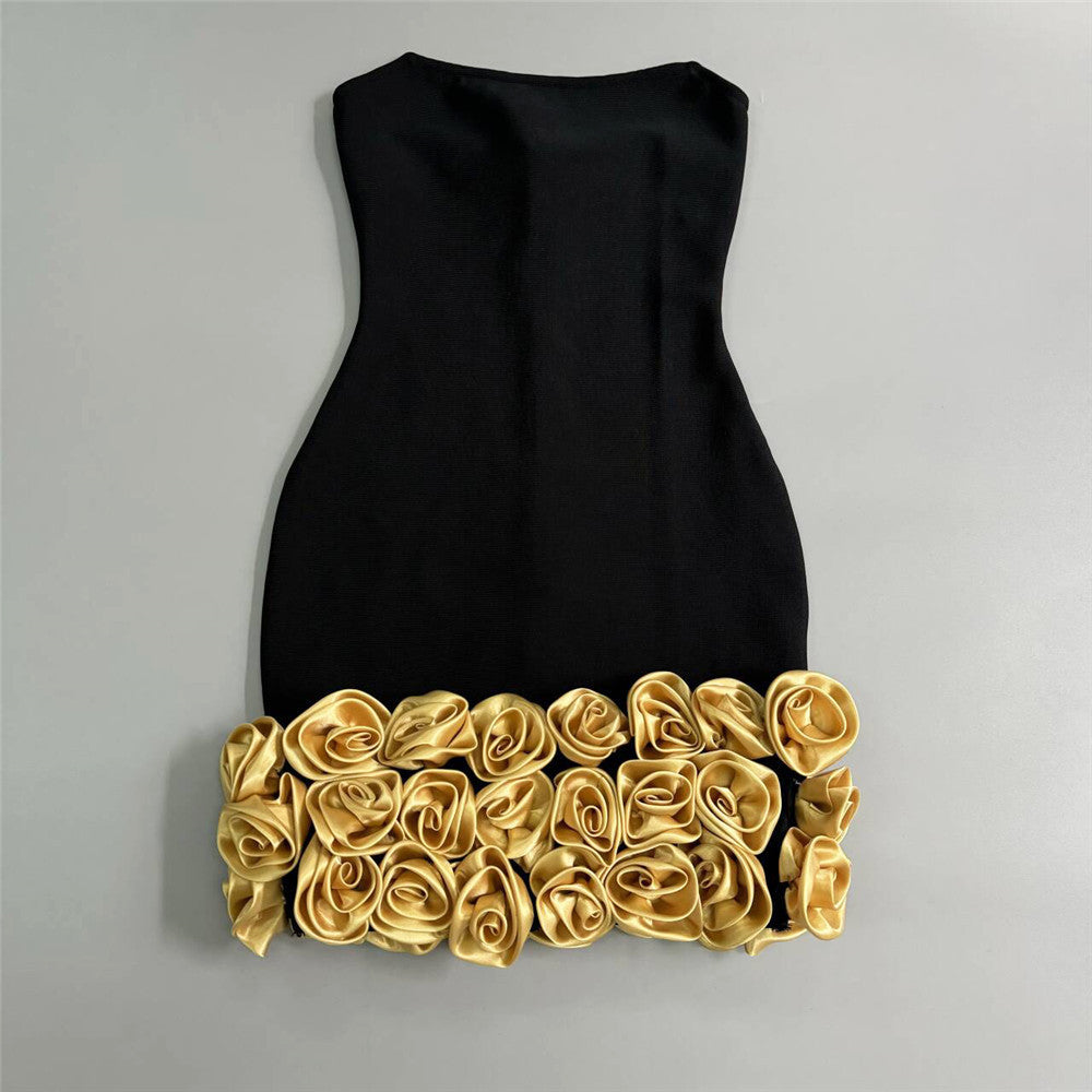 Three Dimensional Golden Flower Tube Top Bandage One Piece Dress Ladies Party Niche Short Evening Dress