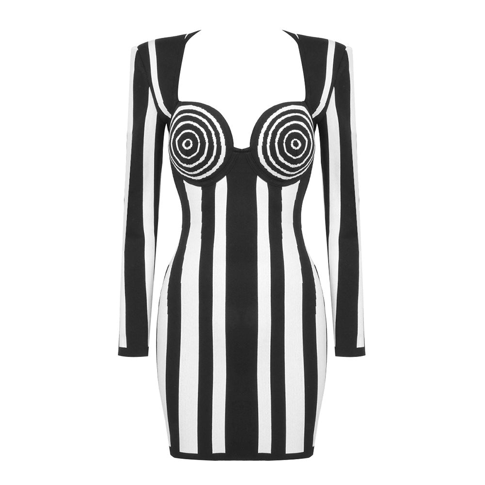 White Black Vertical Stripes Bandage One Piece Dress High Street Party Dress